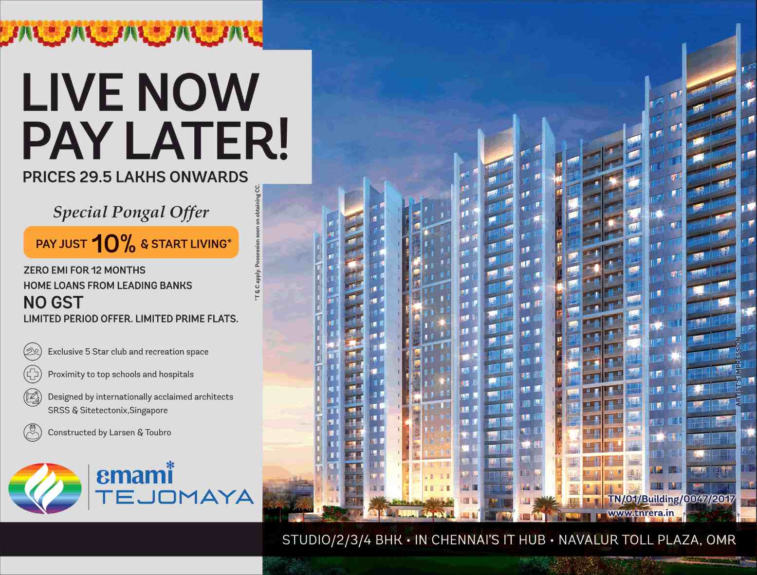 Pay just 10% and start living at Emami Tejomaya in Chennai Update